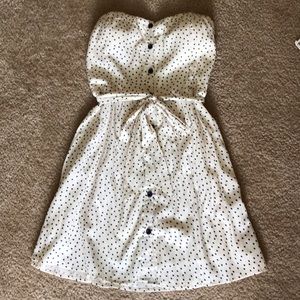 Strapless white with dark blue polka dots dress